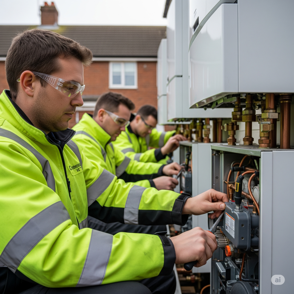 Several plumbers wearing yellow high-visibility jackets and safety glasses working on commercial boiler units in an industrial facility.