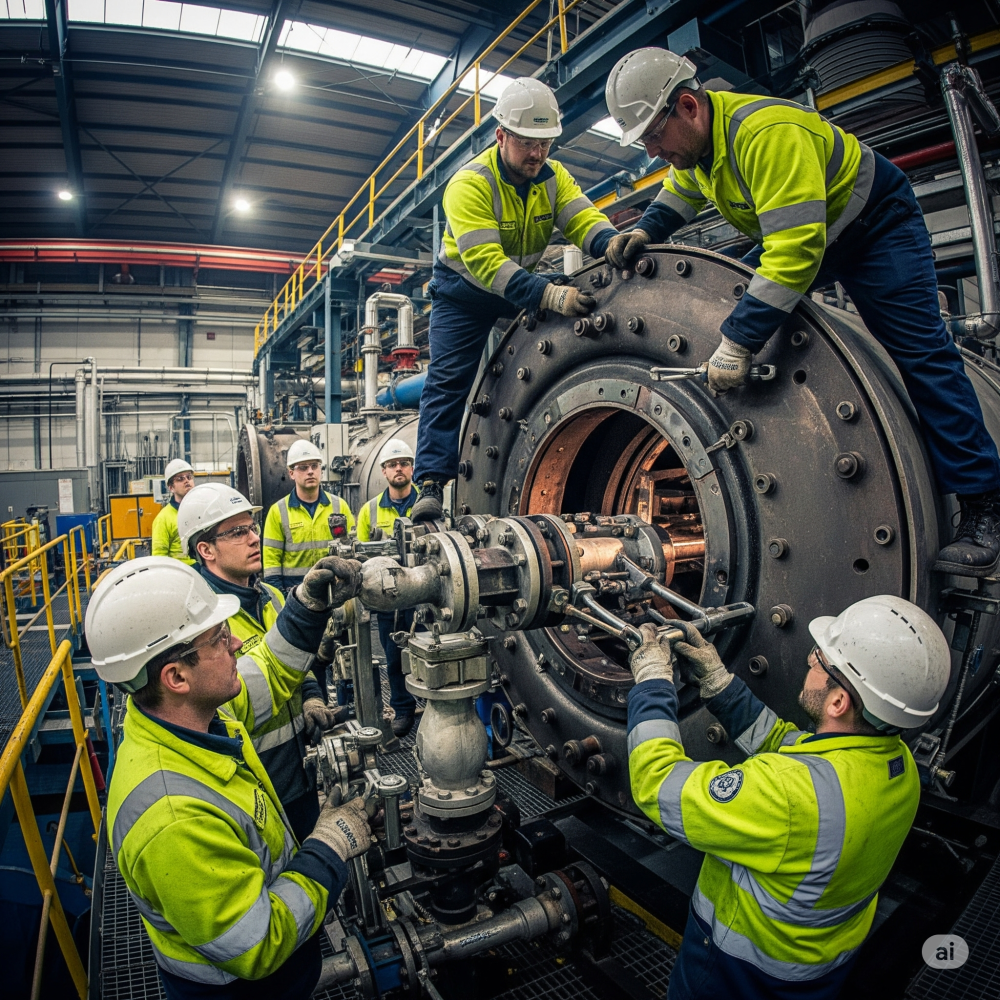 Three plumbers in navy uniforms repairing and maintaining a large boiler system indoors with tools laid out."