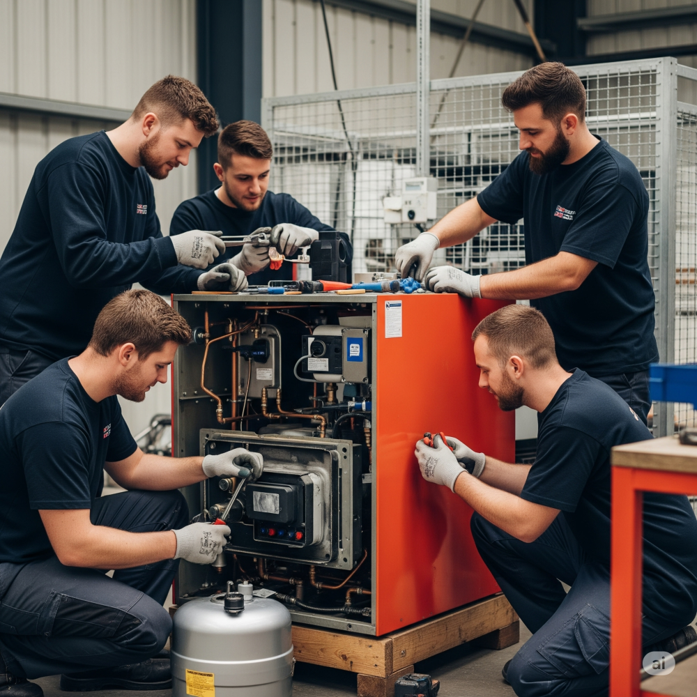 Three plumbers in navy uniforms repairing and maintaining a large boiler system indoors with tools laid out.