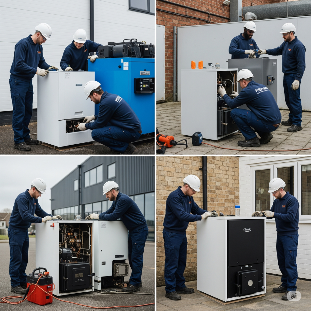 Team of professional heating engineers working on boilers outside a commercial building, wearing safety helmets and gloves.