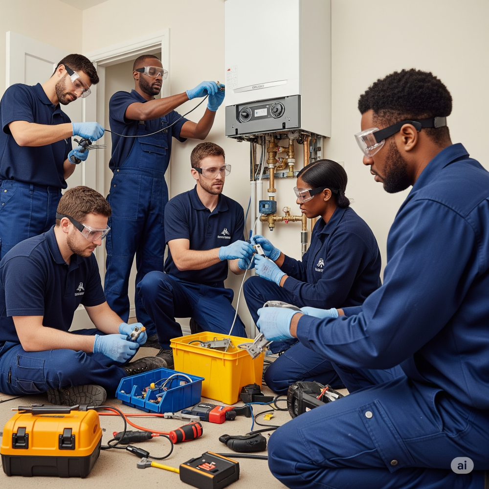 Team of professional plumbers in navy uniforms performing detailed electrical wiring and component checks on a boiler indoors.